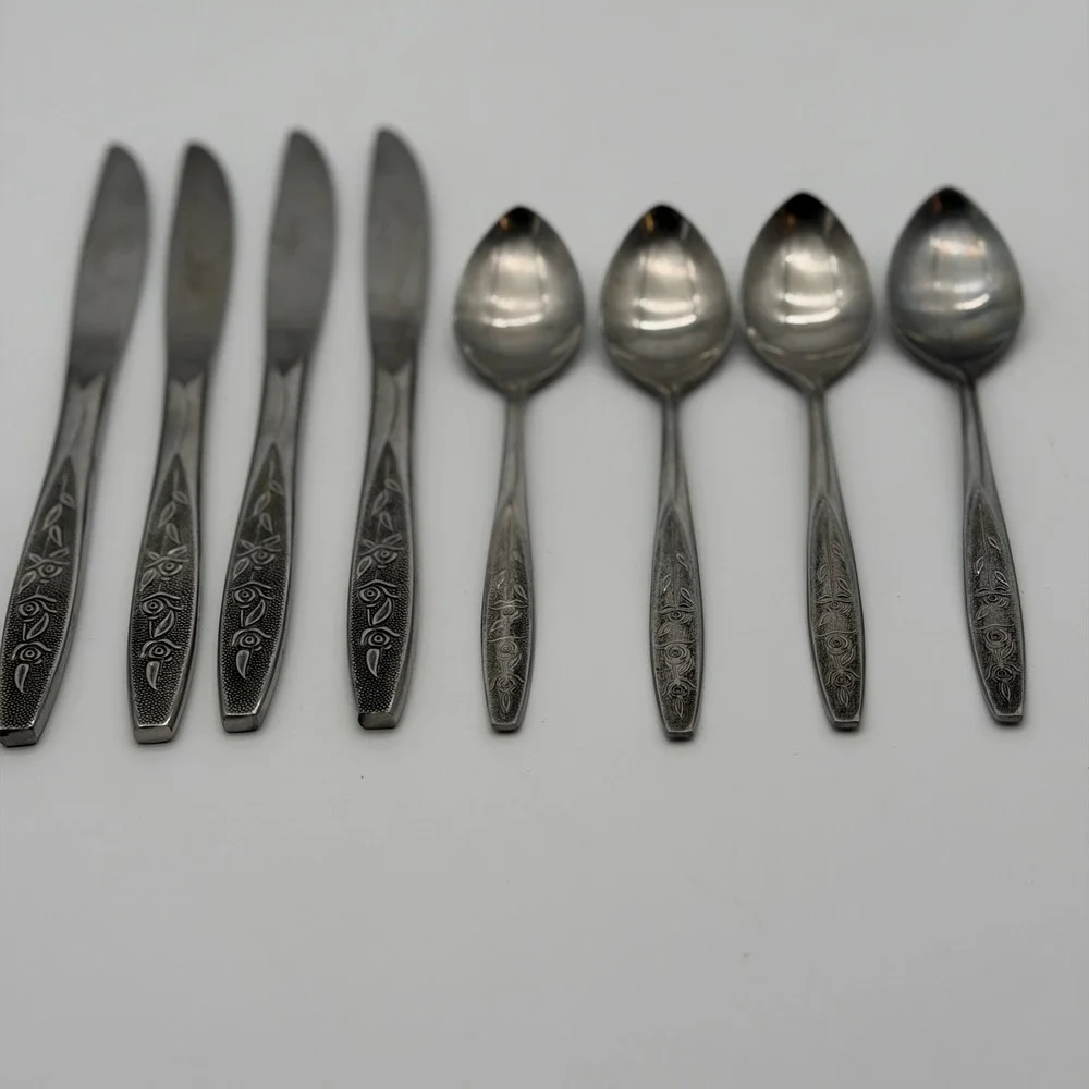 Customcraft Stainless Taiwan Rose Floral Flatware 8pc Set 4 Knives 4 Spoons MCM